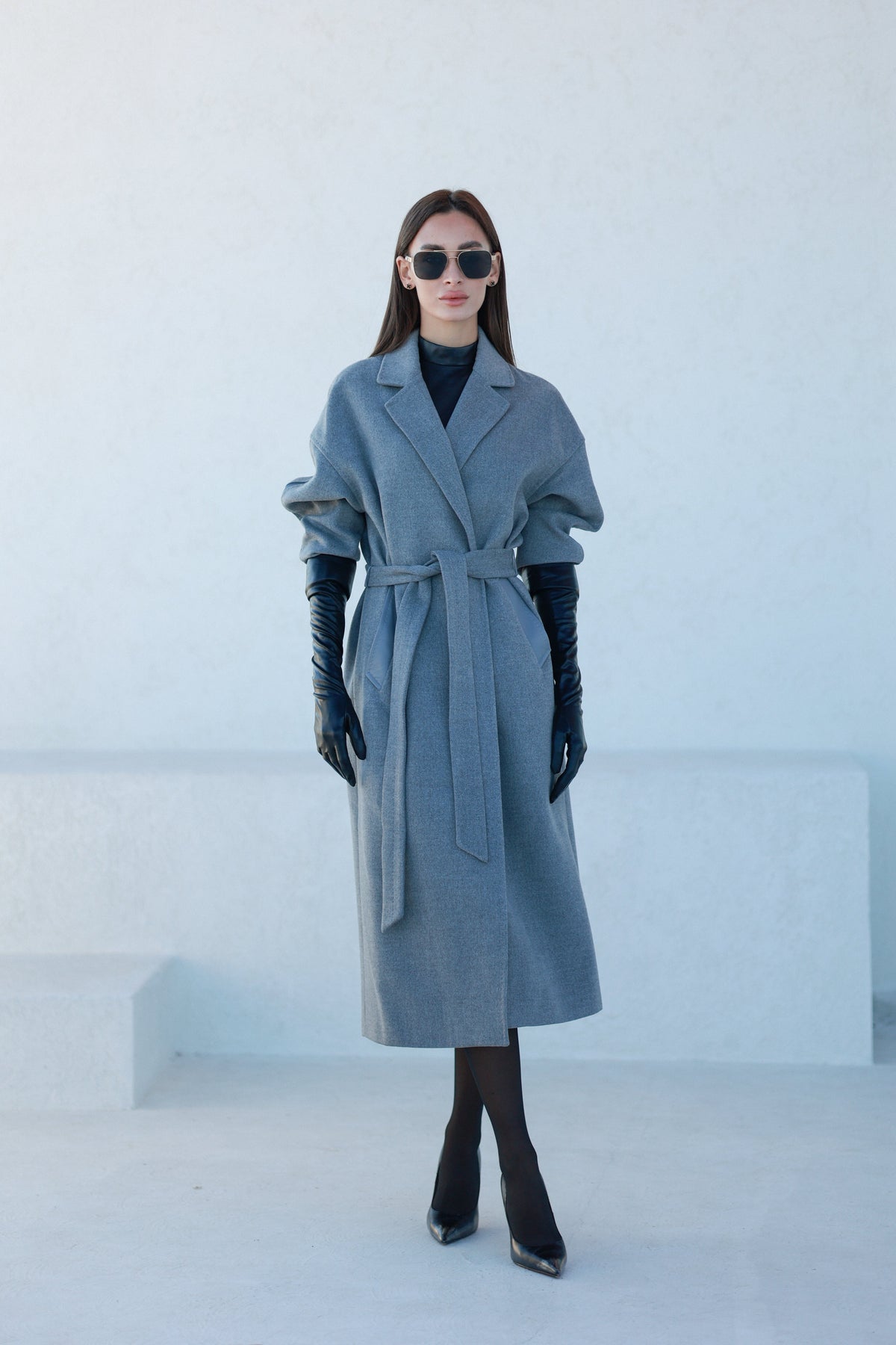 Logan Leather Trim Cashmere Blend Overcoat in Grey