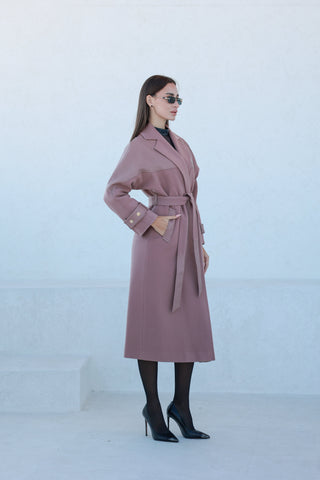 Rose Leather Trim Cashmere Blend Overcoat