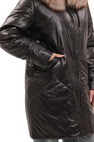 Genuine Fox Fur Trim Mid Length Coat