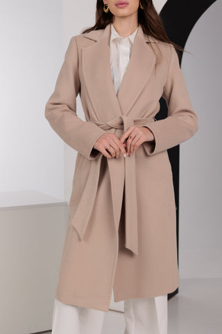 Geneva Classic Wraparound Wool Blend Overcoat in Beige