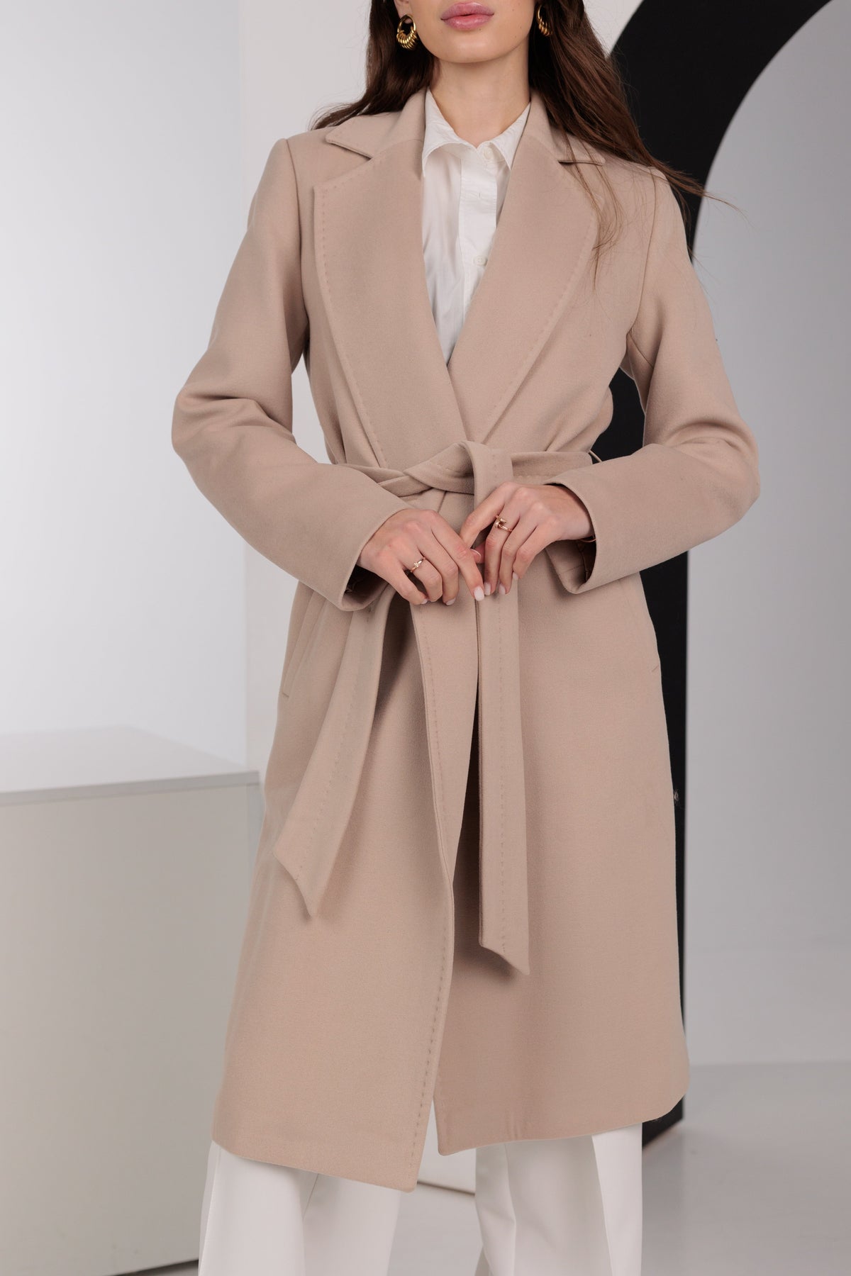 Geneva Classic Wraparound Wool Blend Overcoat in Beige