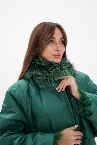 Reversible Genuine Silver Fox  Down Fill Coat in Emerald