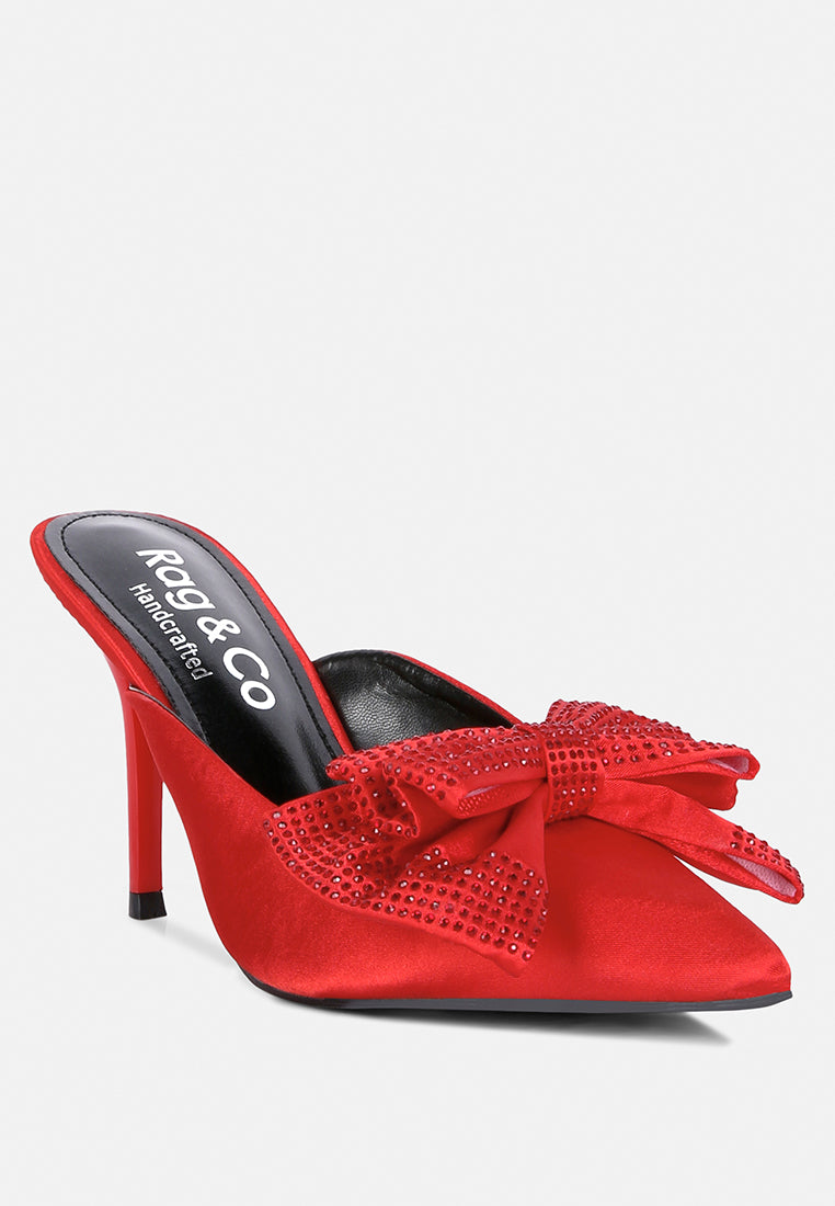 Elisda Blue Diamante Bow Heeled Mules - Glamourous Grace