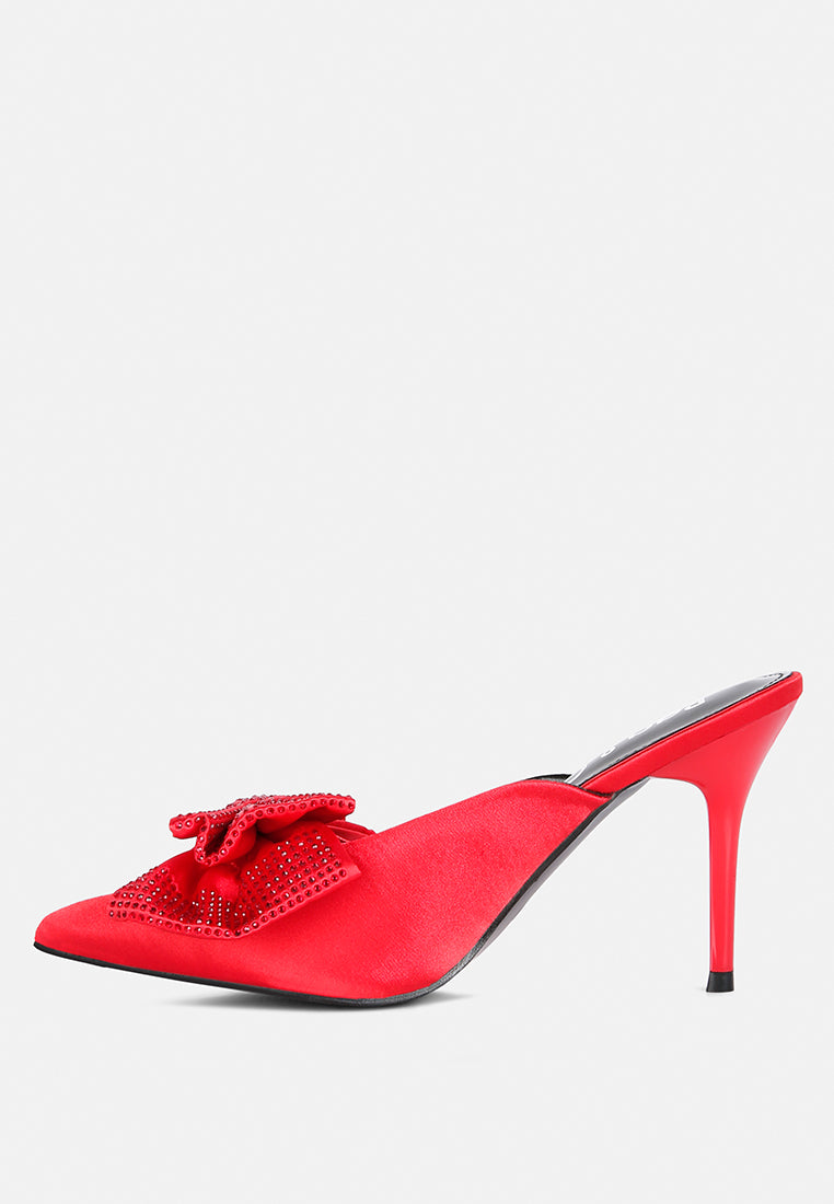 Elisda Blue Diamante Bow Heeled Mules - Glamourous Grace