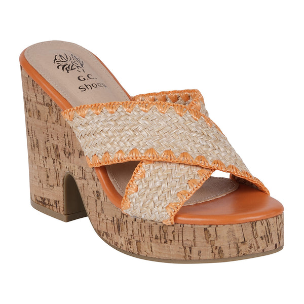 Elsa Orange Woven Cross Strap Wooden Platform Heeled Sandals - Glamourous Grace