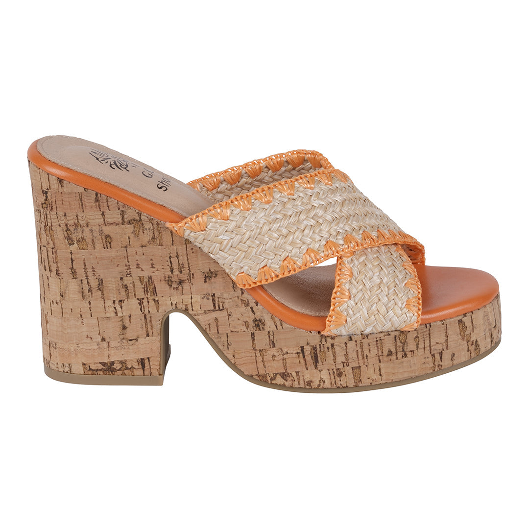 Elsa Orange Woven Cross Strap Wooden Platform Heeled Sandals - Glamourous Grace
