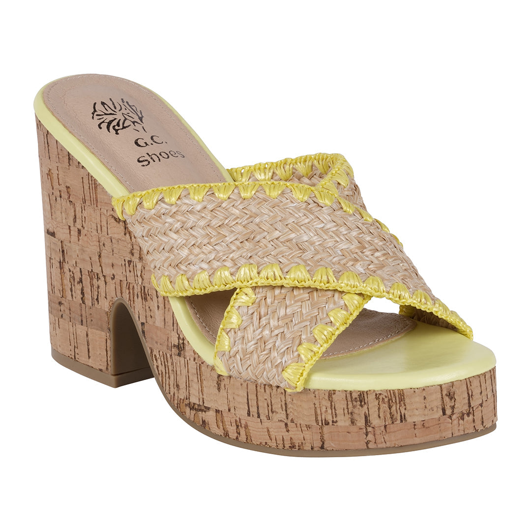 Elsa Yellow Woven Cross Strap Wooden Platform Heeled Sandals - Glamourous Grace