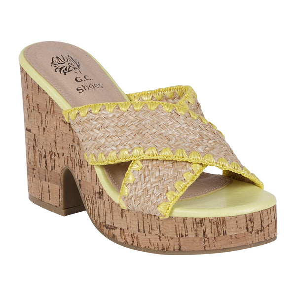 Elsa Yellow Woven Cross Strap Wooden Platform Heeled Sandals - Glamourous Grace