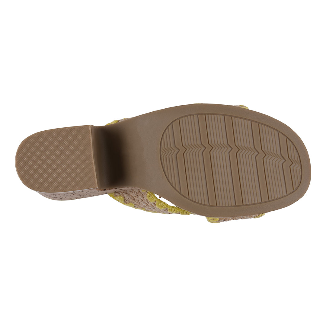 Elsa Yellow Woven Cross Strap Wooden Platform Heeled Sandals - Glamourous Grace