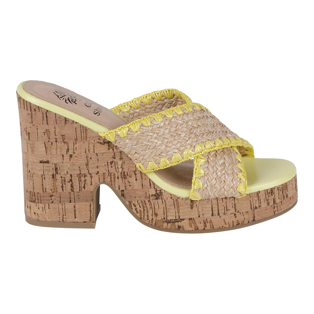 Elsa Yellow Woven Cross Strap Wooden Platform Heeled Sandals - Glamourous Grace