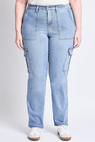 Women's Plus High Rise Elastic Waist Cargo Straight  Jeans