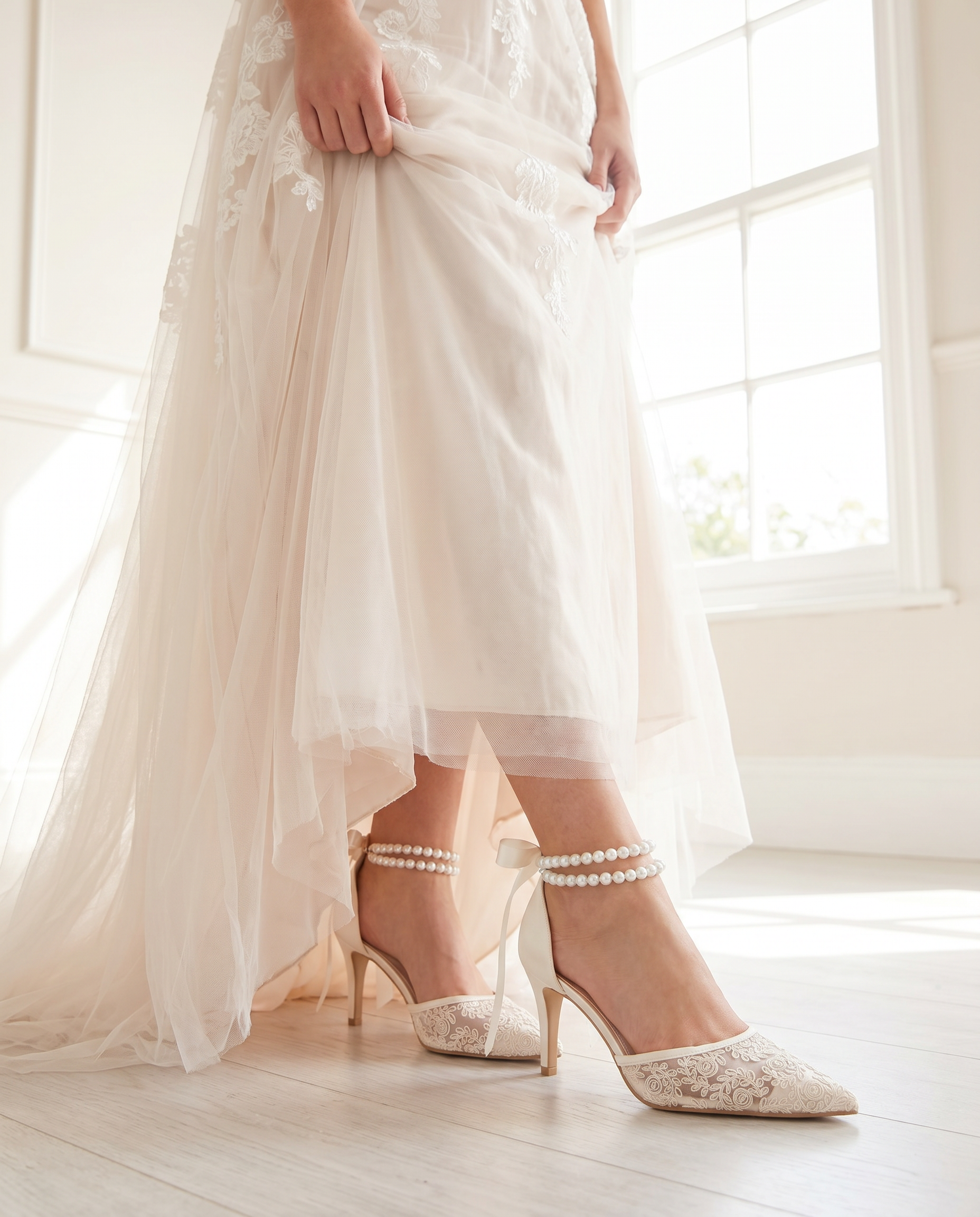 Wedding Lace Heels with Double Pearls Ankle Strap