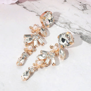 Pearl Accented Flower Stone Cluster Drop Evening Earrings