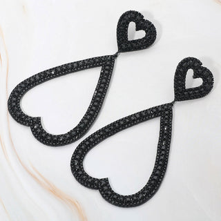Bold Rhinestone Studded Open Heart Drop Dangle Statement Evening Earrings