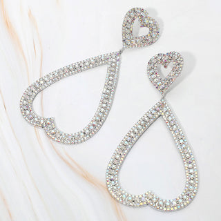 Bold Rhinestone Studded Open Heart Drop Dangle Statement Evening Earrings