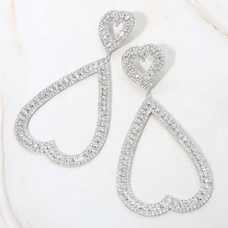 Bold Rhinestone Studded Open Heart Drop Dangle Statement Evening Earrings