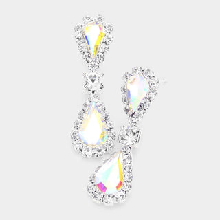 Double Teardrop Accented Rhinestone Trimmed Dangle Evening Earrings
