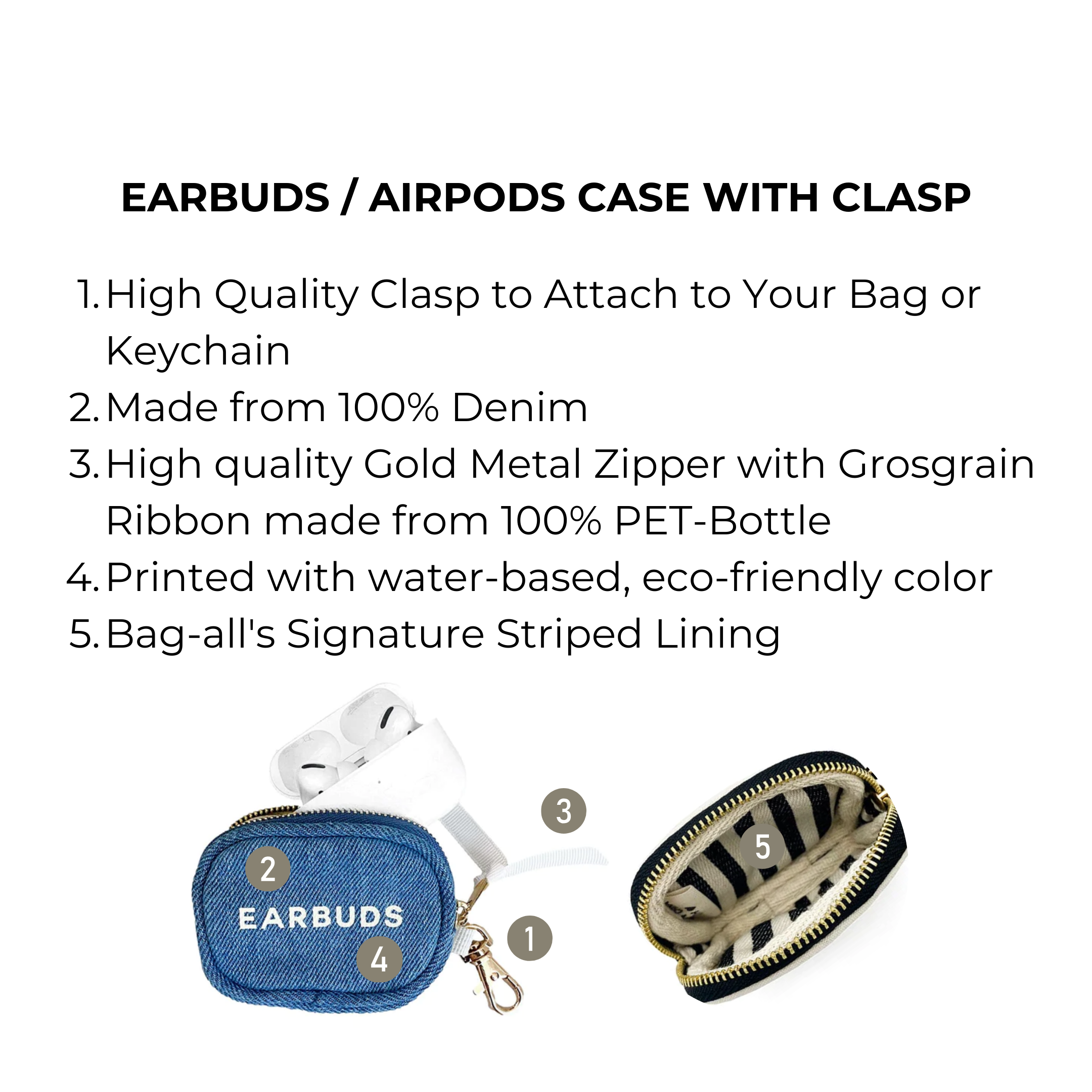 Earbuds Travel Case w Clasp – Denim - Glamourous Grace