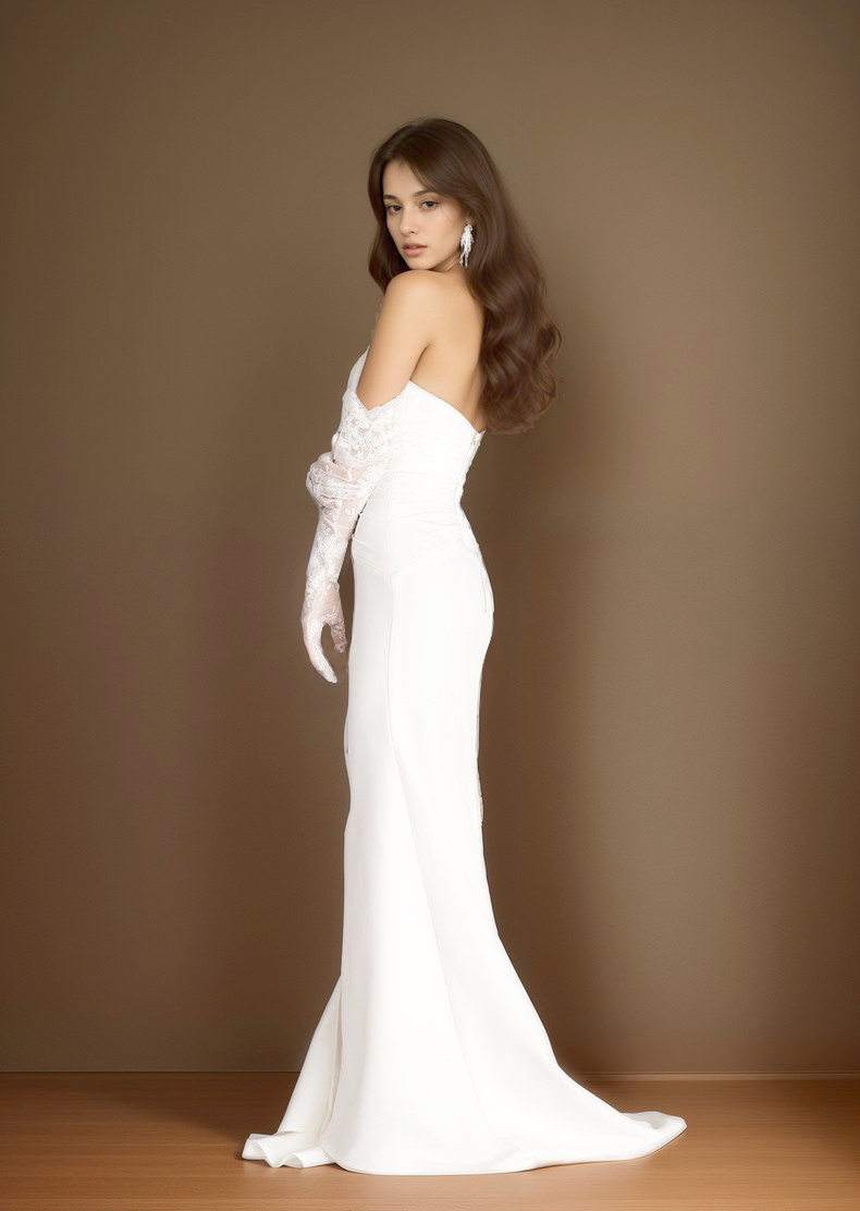 Elegant strapless front button design fit and flare middle slit simple silky satin wedding dress - Glamourous Grace