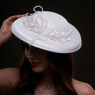 Elegant White Bridal Hat with Beaded Flower Detail - Glamourous Grace