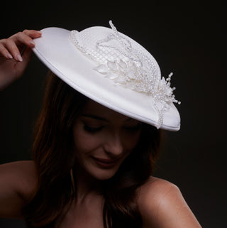 Elegant White Bridal Hat with Beaded Flower Detail - Glamourous Grace