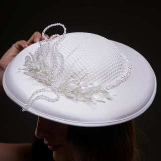 Elegant White Bridal Hat with Beaded Flower Detail - Glamourous Grace