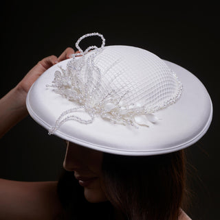 Elegant White Bridal Hat with Beaded Flower Detail - Glamourous Grace
