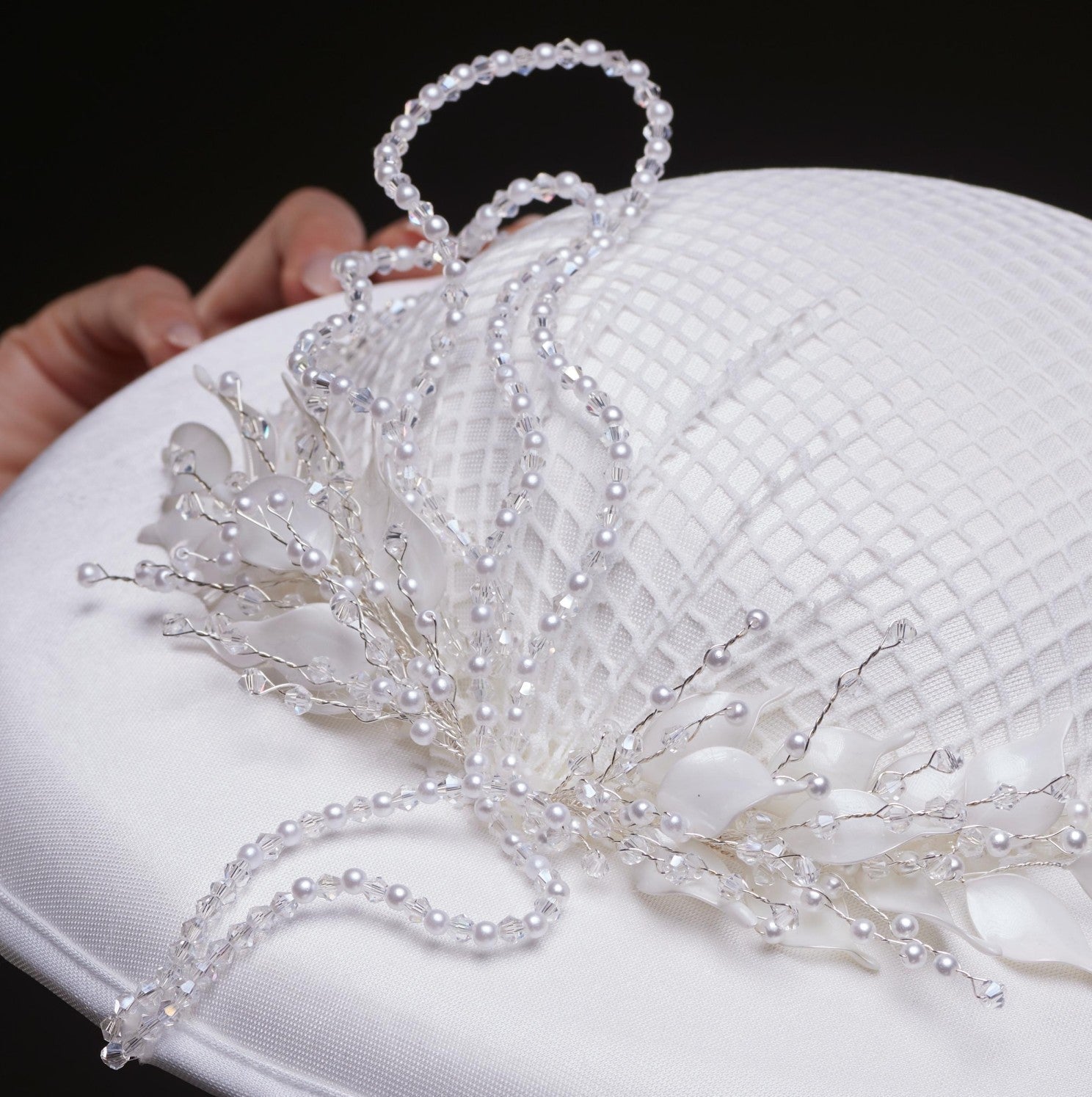 Elegant White Bridal Hat with Beaded Flower Detail - Glamourous Grace