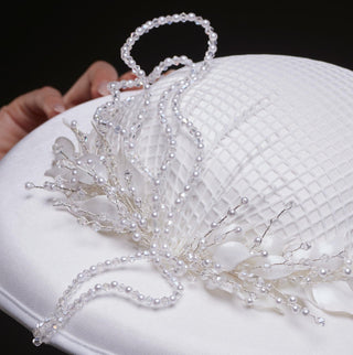 Elegant White Bridal Hat with Beaded Flower Detail - Glamourous Grace