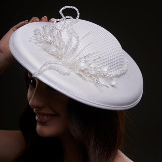 Elegant White Bridal Hat with Beaded Flower Detail - Glamourous Grace