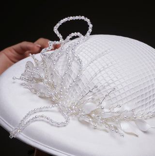 Elegant White Bridal Hat with Beaded Flower Detail - Glamourous Grace