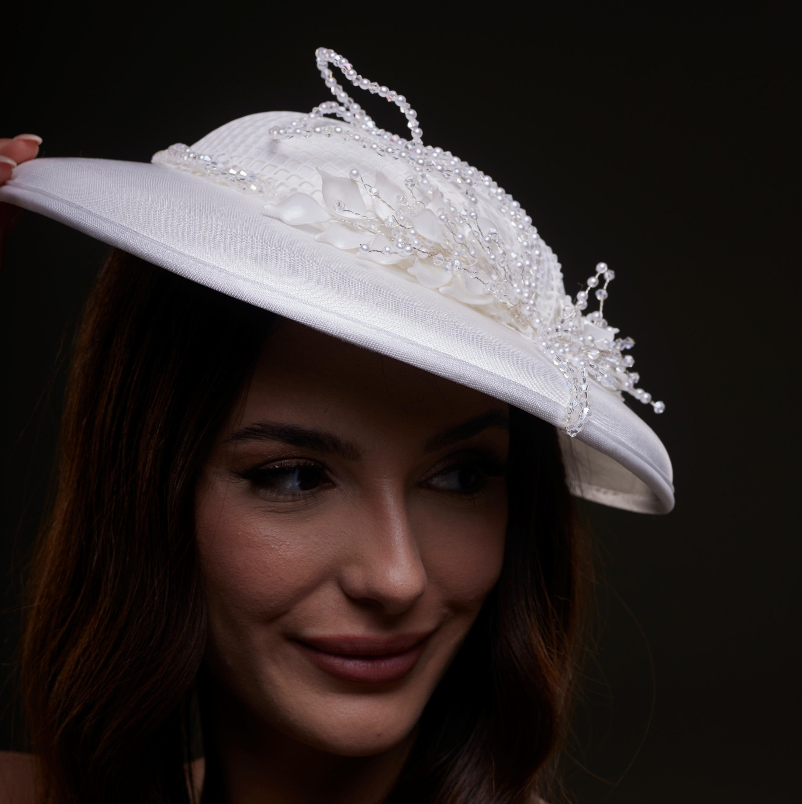 Elegant White Bridal Hat with Beaded Flower Detail - Glamourous Grace