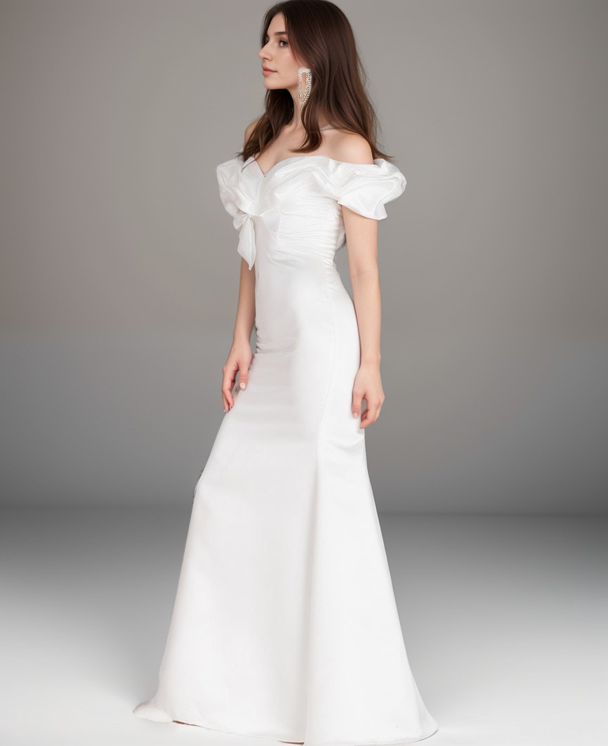 Elegant ruffled off the shoulder trumpet Italy silky satin simple wedding dress little white dress - Glamourous Grace