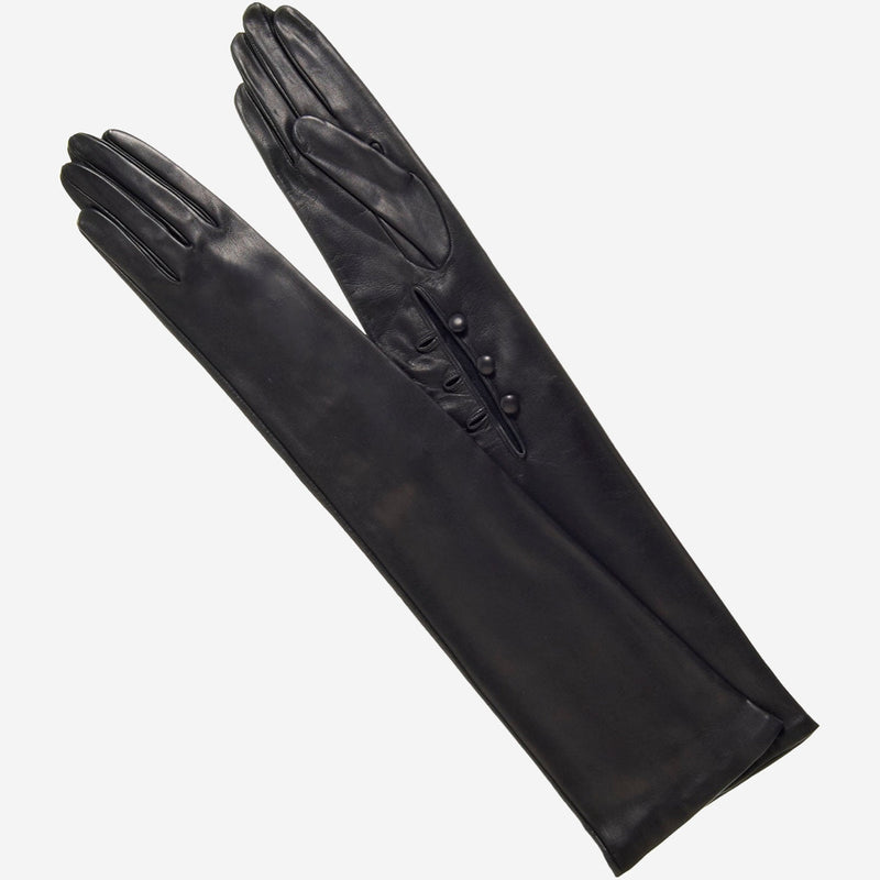 Elena (black) - Italian silk lined 16-button length leather opera gloves - Glamourous Grace