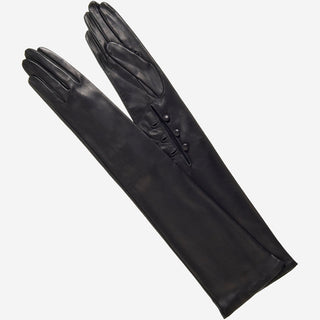 Elena (black) - Italian silk lined 12-button length leather opera gloves - Glamourous Grace