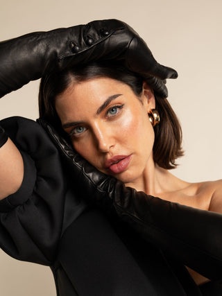 Elena (black) - Italian silk lined 16-button length leather opera gloves - Glamourous Grace