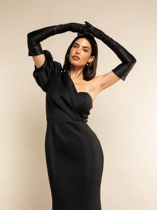 Elena (black) - Italian silk lined 16-button length leather opera gloves - Glamourous Grace