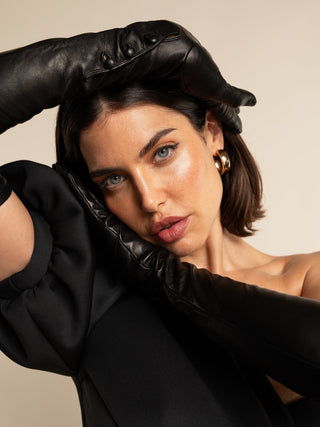 Elena (black) - Italian silk lined 12-button length leather opera gloves - Glamourous Grace