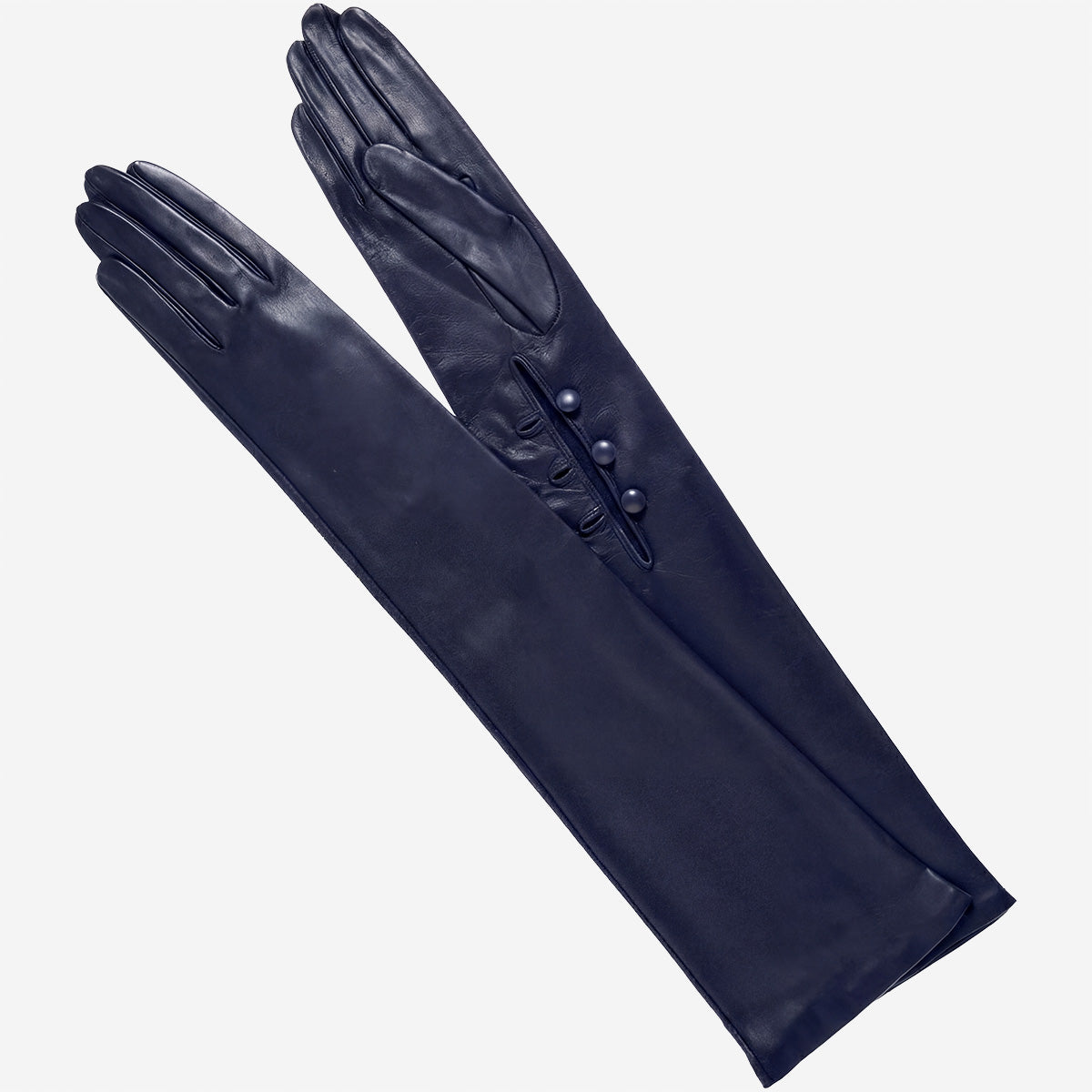 Elena (navy) - Italian silk lined 12-button length leather opera gloves - Glamourous Grace