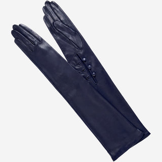 Elena (navy) - Italian silk lined 12-button length leather opera gloves - Glamourous Grace