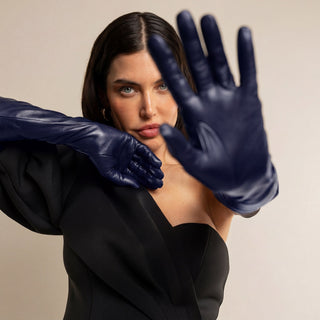 Elena (navy) - Italian silk lined 12-button length leather opera gloves - Glamourous Grace