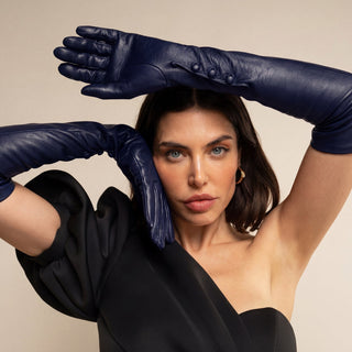 Elena (navy) - Italian silk lined 12-button length leather opera gloves - Glamourous Grace