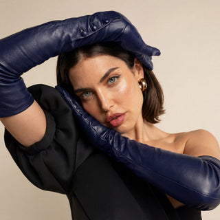 Elena (navy) - Italian silk lined 12-button length leather opera gloves - Glamourous Grace