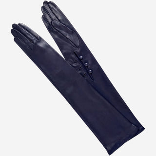 Elena (navy) - Italian silk lined 16-button length leather opera gloves - Glamourous Grace