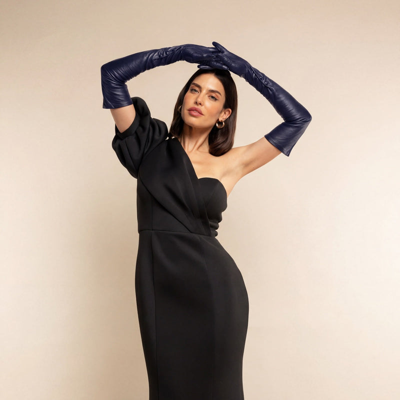 Elena (navy) - Italian silk lined 16-button length leather opera gloves - Glamourous Grace