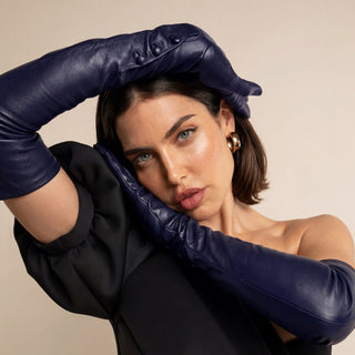 Elena (navy) - Italian silk lined 16-button length leather opera gloves - Glamourous Grace