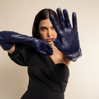 Elena (navy) - Italian silk lined 16-button length leather opera gloves - Glamourous Grace