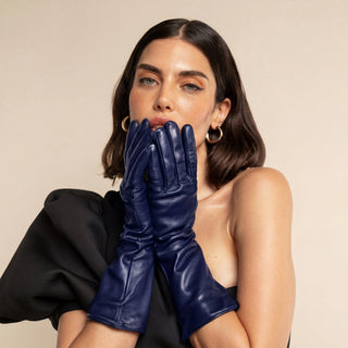Elena (navy) - Italian silk lined 6-button length leather opera gloves - Glamourous Grace