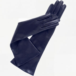 Elena (navy) - Italian silk lined 8-button length leather opera gloves - Glamourous Grace