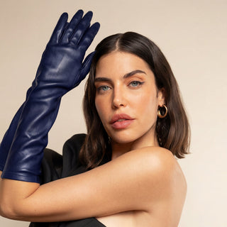 Elena (navy) - Italian silk lined 8-button length leather opera gloves - Glamourous Grace